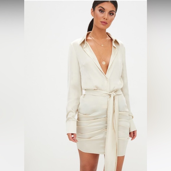 Cream Long Sleeve Wrap Dress with Plunge Neckline - Picture 1 of 5